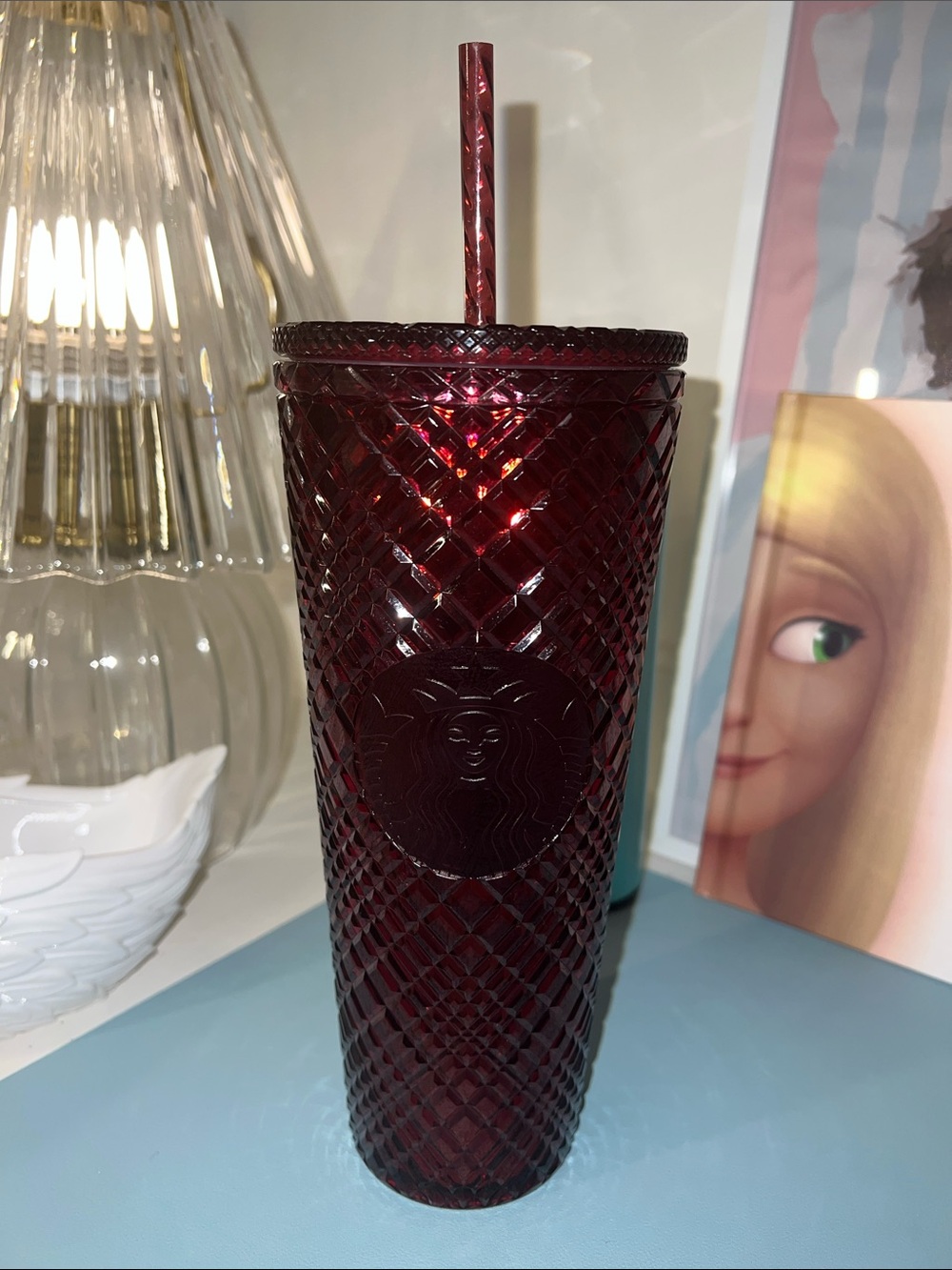 Starbucks Deep Red Diamond-Texture Reusable Tumbler with Straw